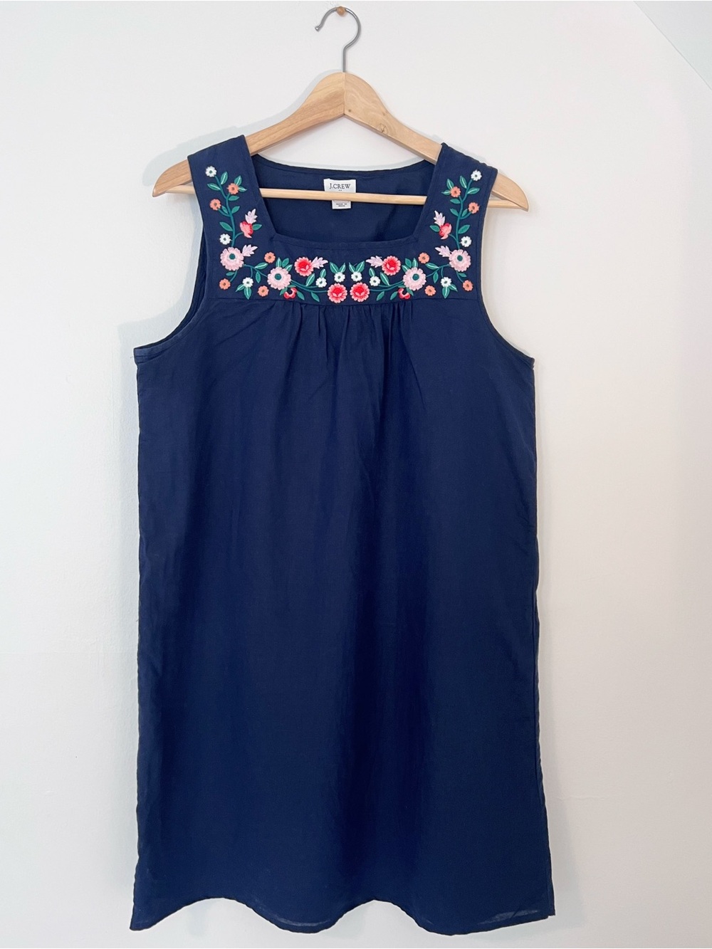 EUC J. Crew Navy Mini Shift Dress with Floral Embroidery, Linen Blend, Women's M